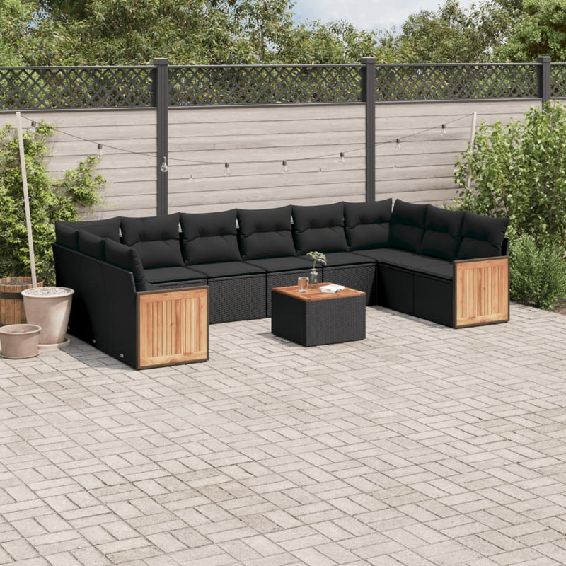 11-delige Loungeset met kussens poly rattan zwart