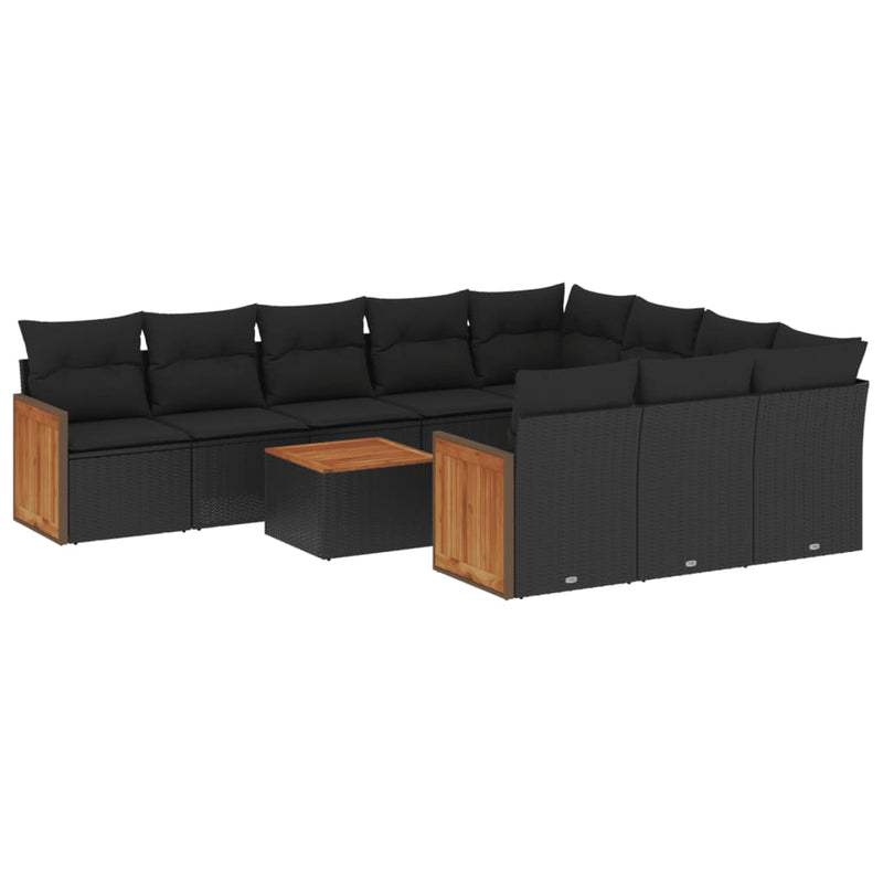 11-delige Loungeset met kussens poly rattan zwart