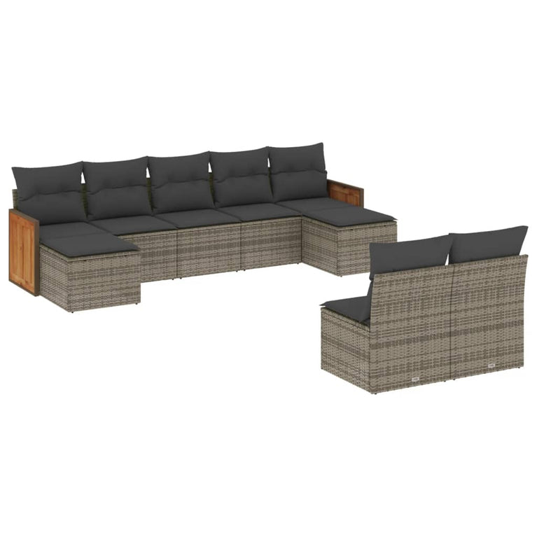 9-delige Loungeset met kussens poly rattan grijs