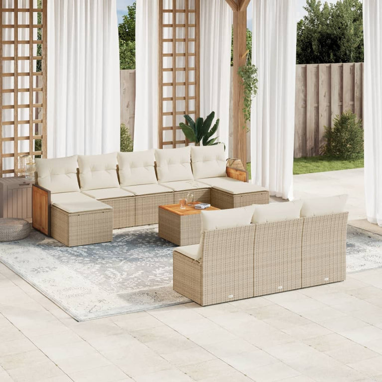 11-delige Tuinset met kussens poly rattan beige