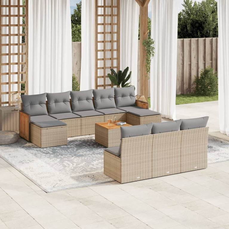 11-delige Tuinset met kussens poly rattan beige