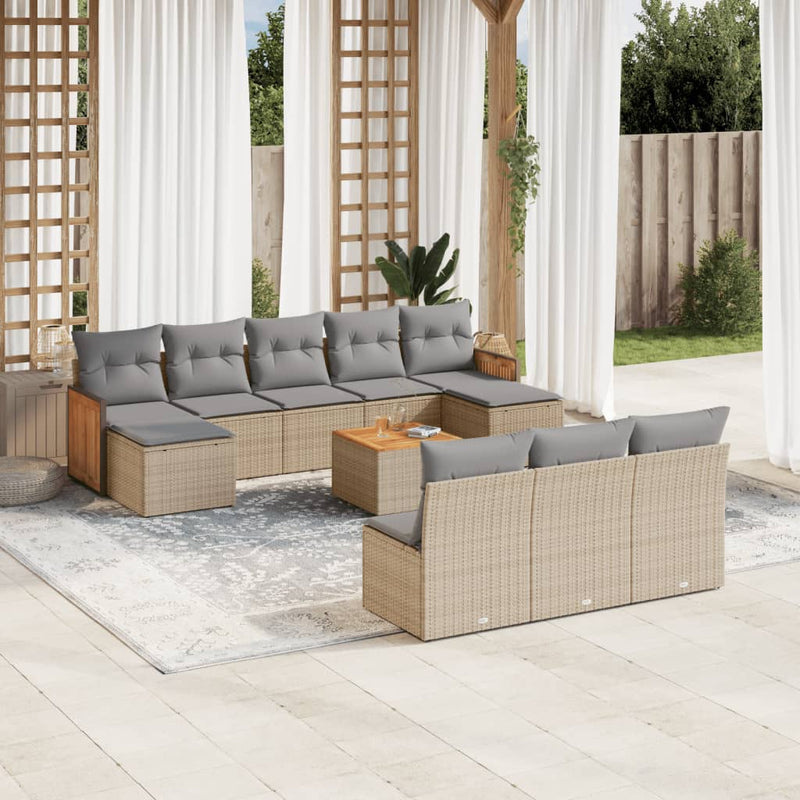11-delige Tuinset met kussens poly rattan beige