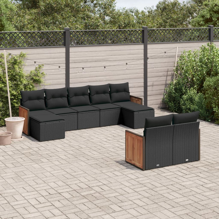 9-delige Loungeset met kussens poly rattan zwart