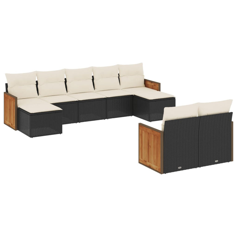9-delige Loungeset met kussens poly rattan zwart