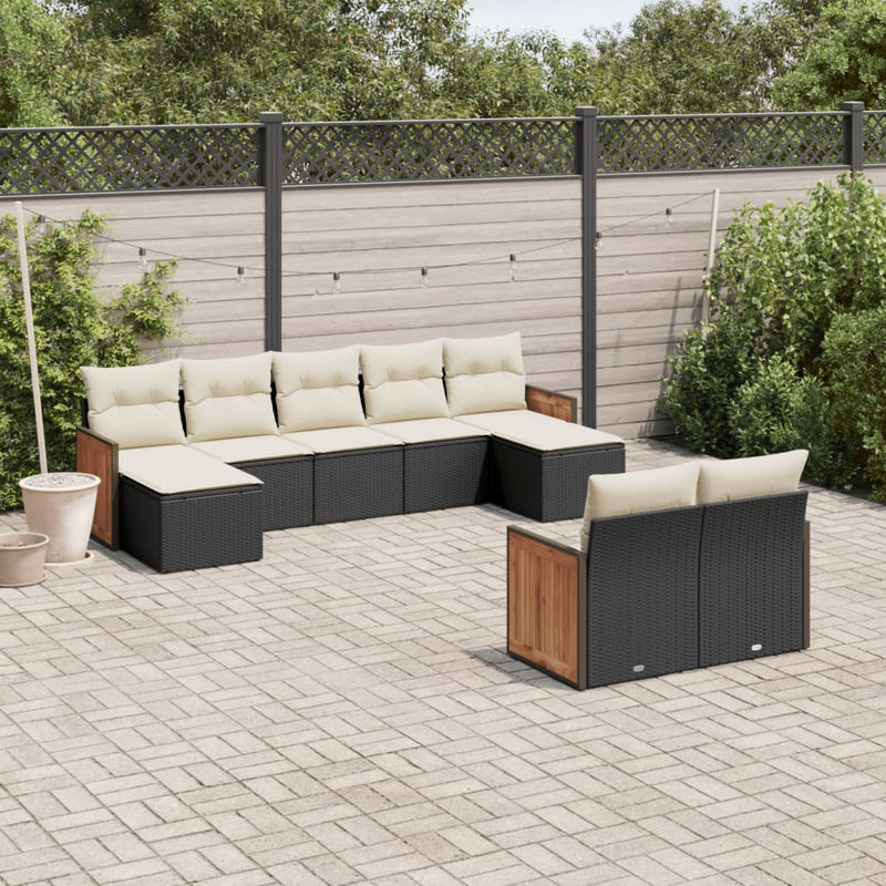 9-delige Loungeset met kussens poly rattan zwart