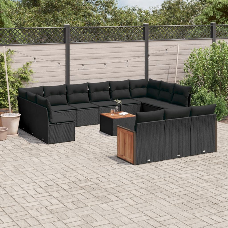 14-delige Loungeset met kussens poly rattan zwart