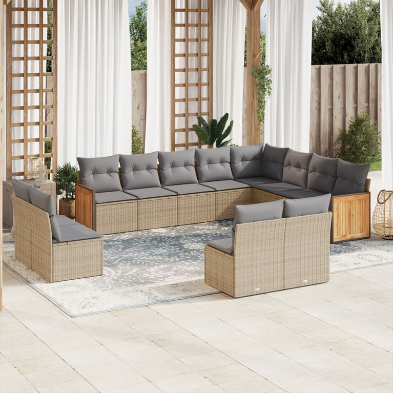 12-delige Loungeset met kussens poly rattan beige
