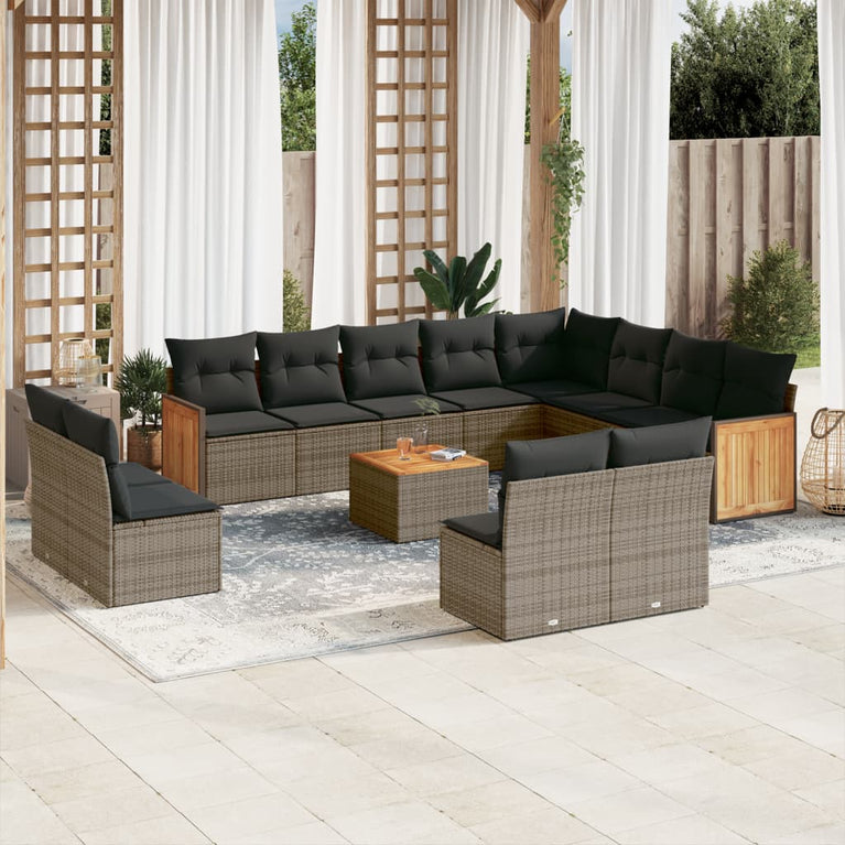 13-delige Loungeset met kussens poly rattan grijs