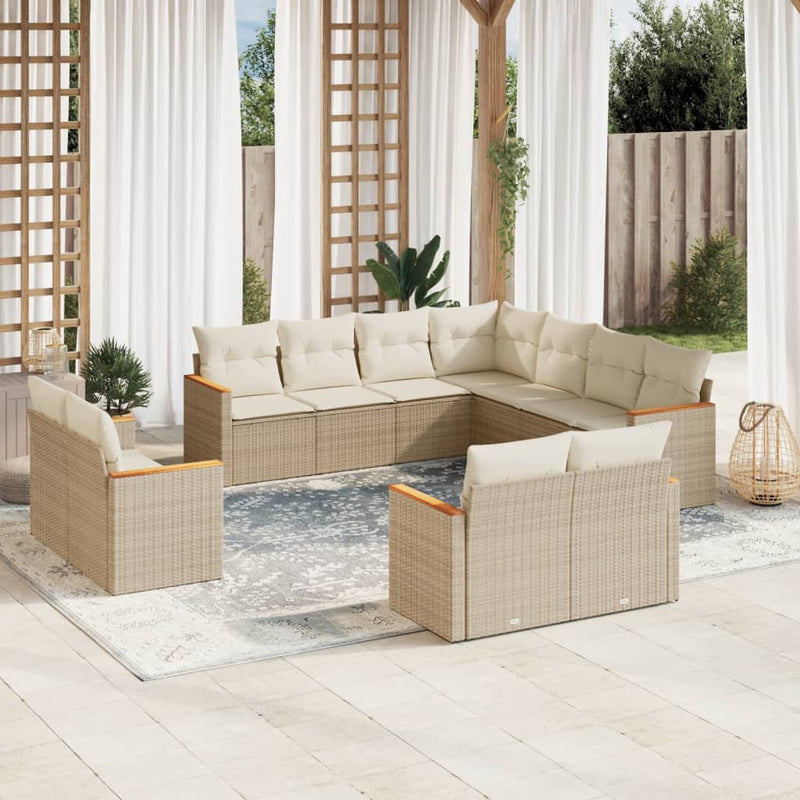11-delige Tuinset met kussens poly rattan beige