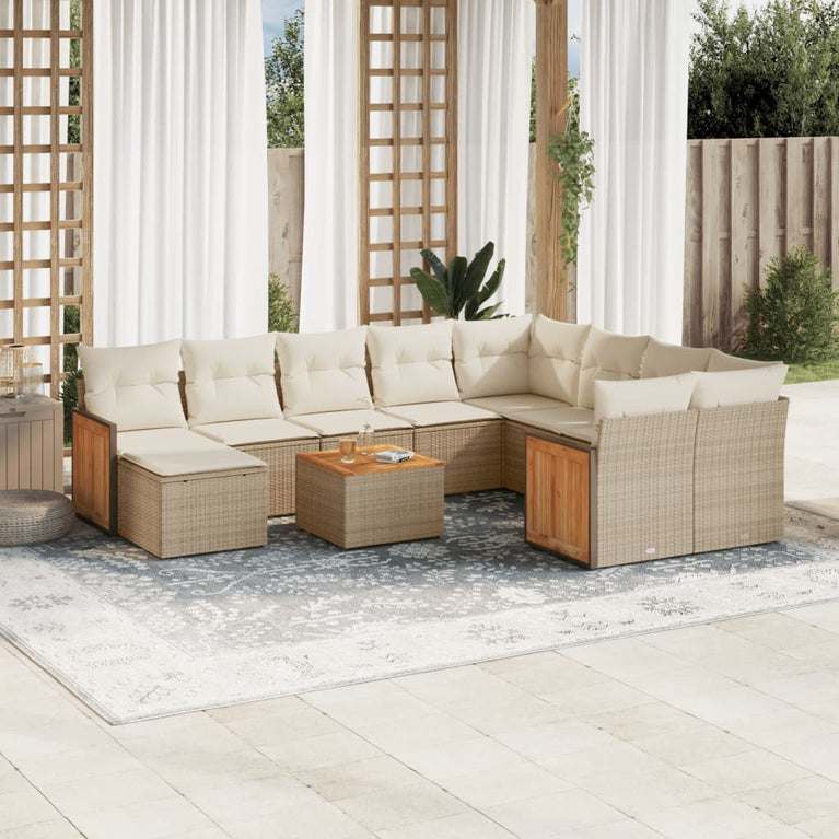 11-delige Tuinset met kussens poly rattan beige