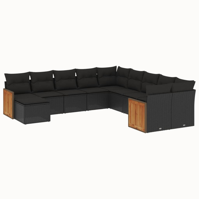 11-delige Loungeset met kussens poly rattan zwart