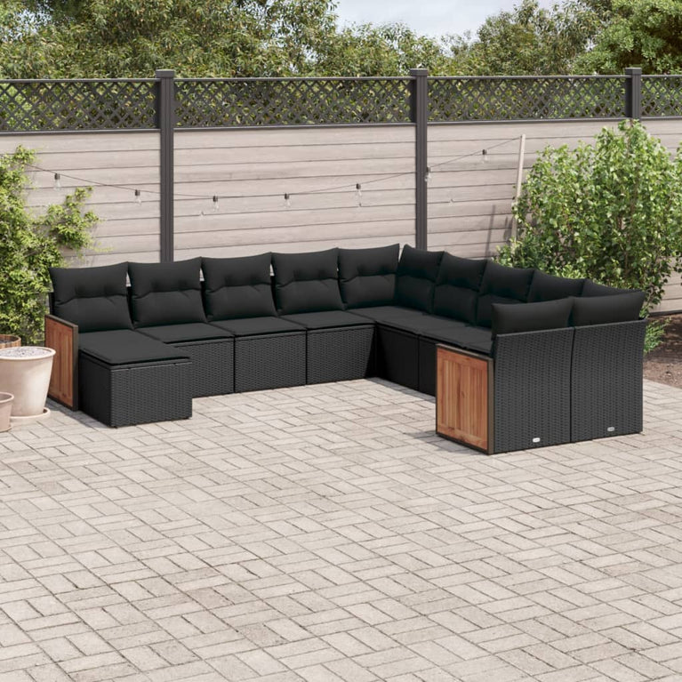 11-delige Loungeset met kussens poly rattan zwart