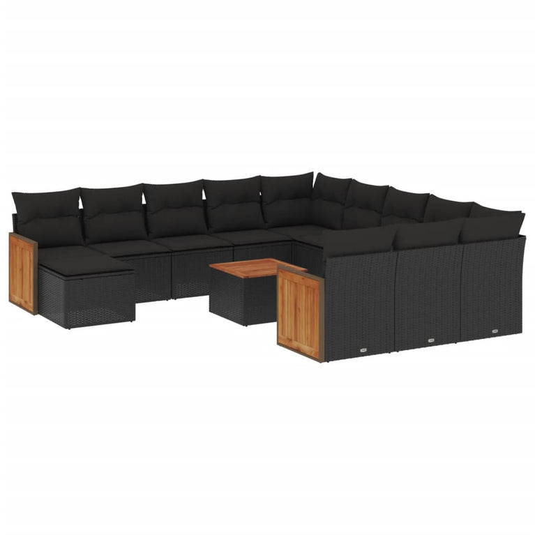 13-delige Loungeset met kussens poly rattan zwart
