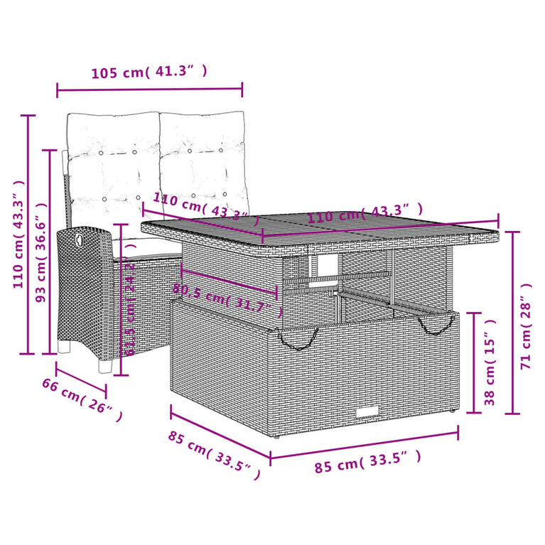 2-delige Tuinset met kussens poly rattan zwart